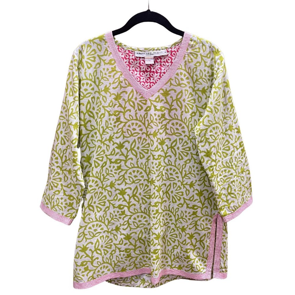 EUC Gretchen Scott 3/4 Sleeve Cotton Tunic Green Vines Pink Stitch Small